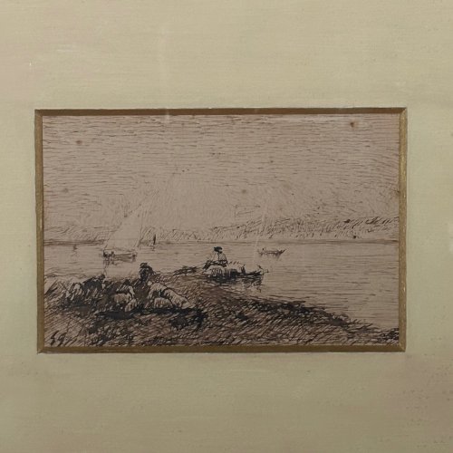 Aquarelle sur papier monogrammée représentant des bateaux L1065