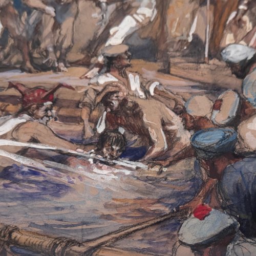 Aquarelle sur papier par Charles Fouqueray représentant des marins XXe A5803