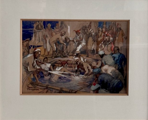 Aquarelle sur papier par Charles Fouqueray représentant des marins XXe A5803