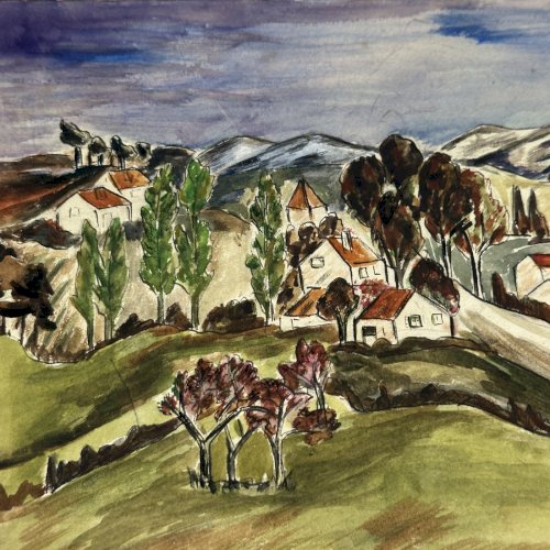 Aquarelle sur papier par Jeanne Guini 1937 Cauneille route de Pau XXe L1026