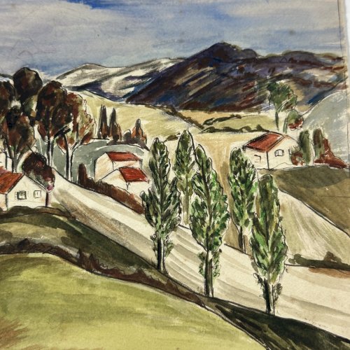 Aquarelle sur papier par Jeanne Guini 1937 Cauneille route de Pau XXe L1026