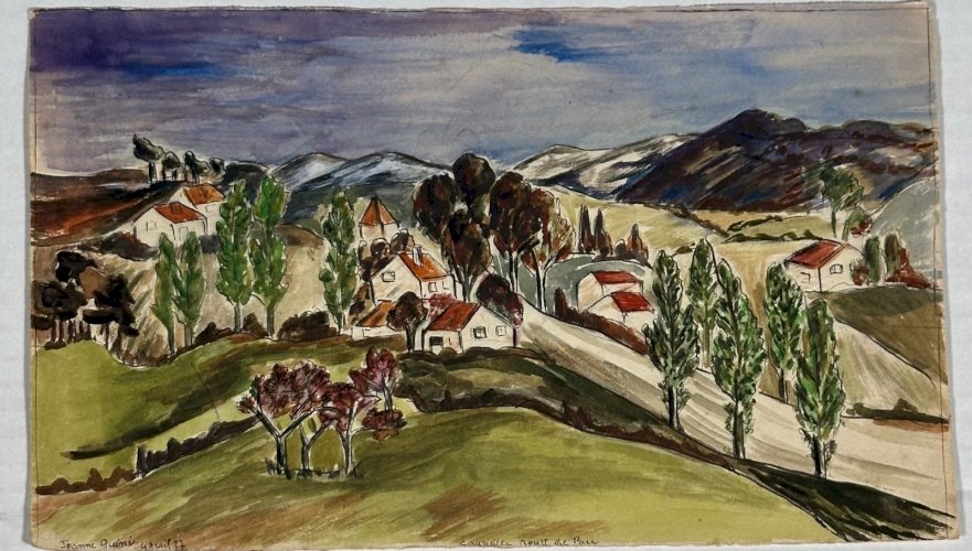 Aquarelle sur papier par Jeanne Guini 1937 Cauneille route de Pau XXe L1026