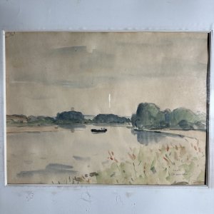 Aquarelle sur papier paysage bord de Loire 1957 par Marcel Chesneau L9603