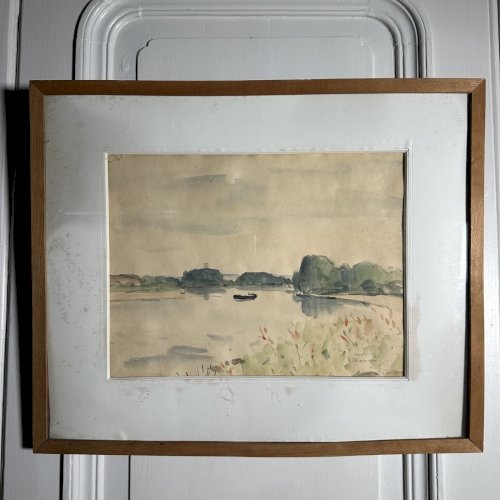 Aquarelle sur papier paysage bord de Loire 1957 par Marcel Chesneau L9603