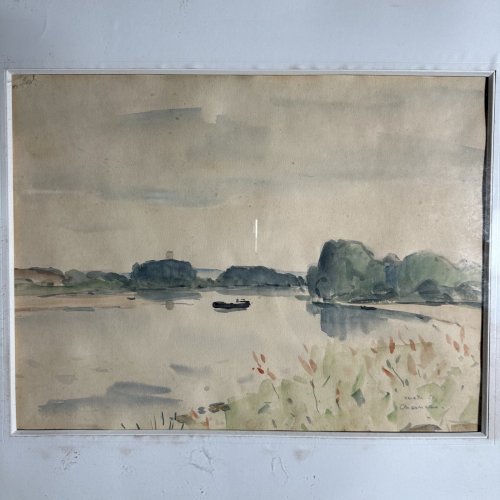 Aquarelle sur papier paysage bord de Loire 1957 par Marcel Chesneau L9603