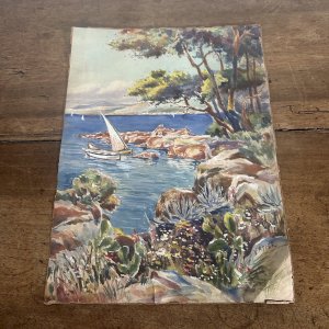 Aquarelle sur papier paysage marin avec bateaux par V apper XXe L1035