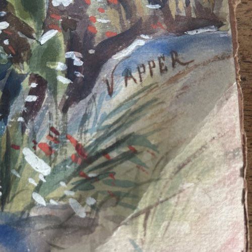 Aquarelle sur papier paysage marin avec bateaux par V apper XXe L1035