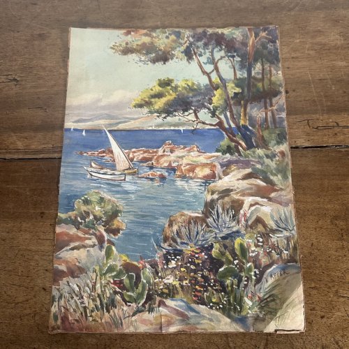 Aquarelle sur papier paysage marin avec bateaux par V apper XXe L1035