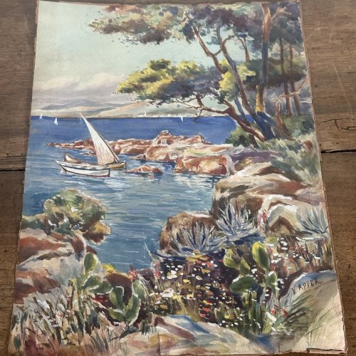 Aquarelle sur papier paysage marin avec bateaux par V apper XXe L1035