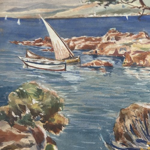 Aquarelle sur papier paysage marin avec bateaux par V apper XXe L1035