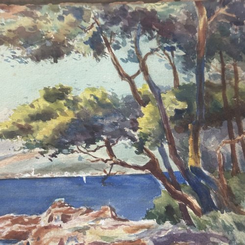 Aquarelle sur papier paysage marin avec bateaux par V apper XXe L1035