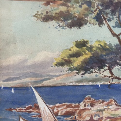 Aquarelle sur papier paysage marin avec bateaux par V apper XXe L1035
