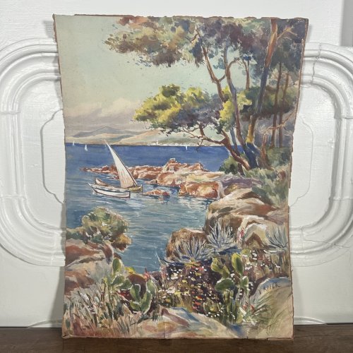 Aquarelle sur papier paysage marin avec bateaux par V apper XXe L1035