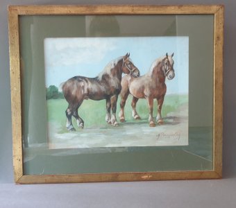 Aquarelle sur papier représentant des chevaux de traits. Signée en bas à droite : M. Prokopovitch. Vers 1890-1900. Cadre dorigine bois doré sous vitre.
