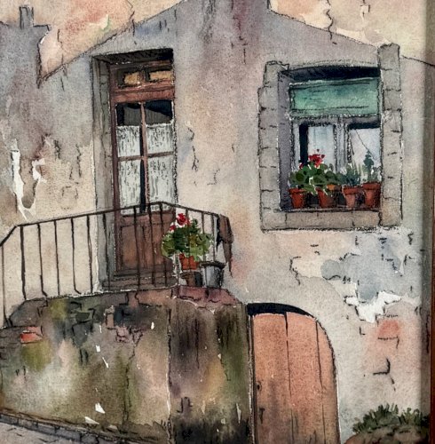 Aquarelle sur papier représentant l'entrée d'une maison début XXe A5849