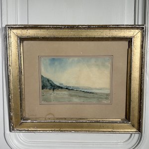 Aquarelle sur papier représentant un bord de plage début XXe cadre doré L9612