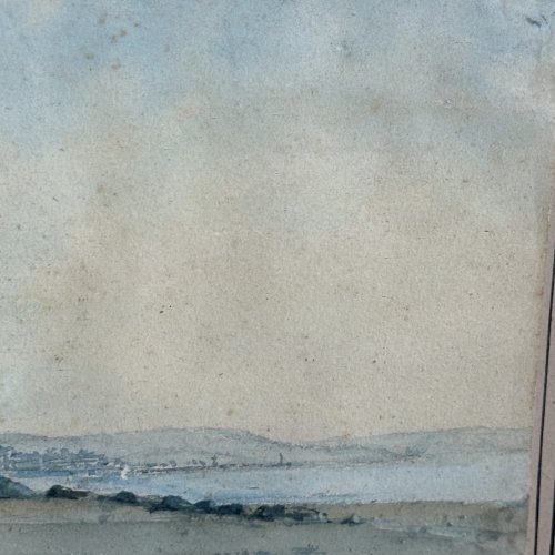 Aquarelle sur papier représentant un bord de plage début XXe cadre doré L9612