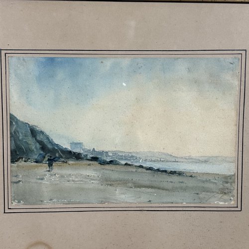 Aquarelle sur papier représentant un bord de plage début XXe cadre doré L9612