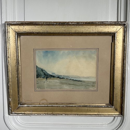 Aquarelle sur papier représentant un bord de plage début XXe cadre doré L9612