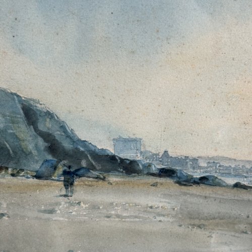 Aquarelle sur papier représentant un bord de plage début XXe cadre doré L9612