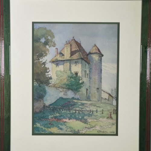 Aquarelle sur papier représentant une propriété par G. Tribel 1943 L1069
