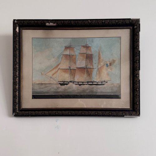 Aquarelle sur papier un trois-mâts bateau français XIXe par Th. Cochard A5768