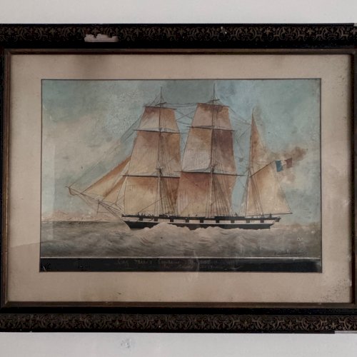 Aquarelle sur papier un trois-mâts bateau français XIXe par Th. Cochard A5768