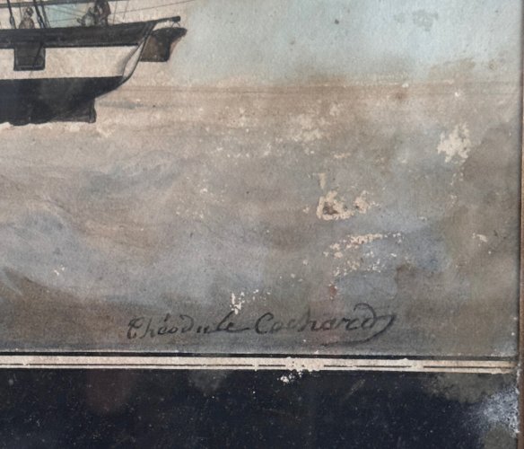 Aquarelle sur papier un trois-mâts bateau français XIXe par Th. Cochard A5768