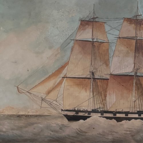 Aquarelle sur papier un trois-mâts bateau français XIXe par Th. Cochard A5768