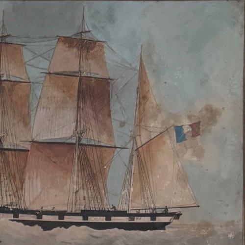 Aquarelle sur papier un trois-mâts bateau français XIXe par Th. Cochard A5768