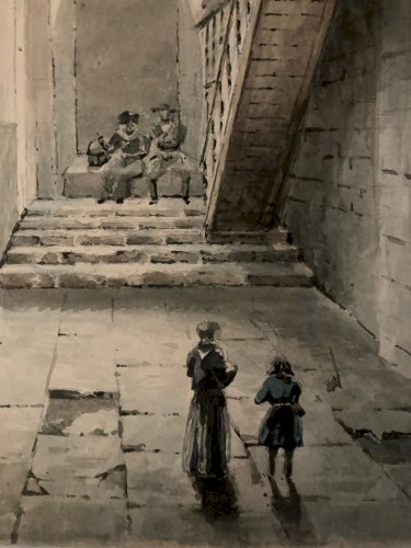 Aquarelle Sur Papier XIXe 1850 Drawing Peinture Château Ancien Art Old Dessin