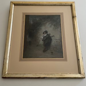 Watercolor on paper from the 19th century representing a troubadour in a gilded frame A5641