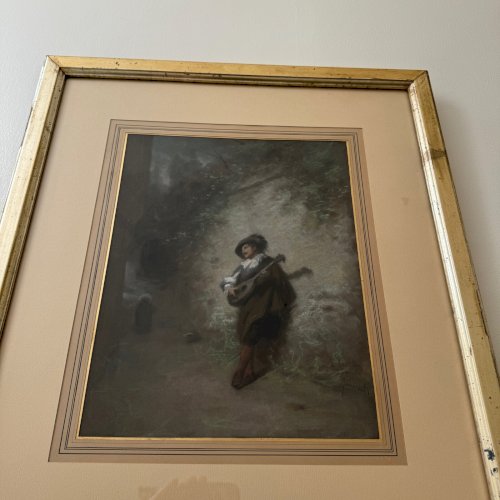 Aquarelle sur papier XIXe représentant un troubadour dans un cadre doré A5641