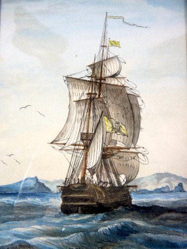 Aquarelle TOUR DU MONDE LA FREGATE LA NOVARA DEVANT L'ILE ST PAUL par SIRON 1873