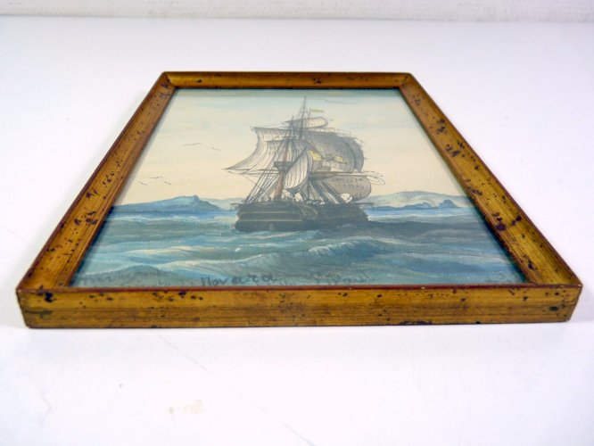 Aquarelle TOUR DU MONDE LA FREGATE LA NOVARA DEVANT L'ILE ST PAUL par SIRON 1873