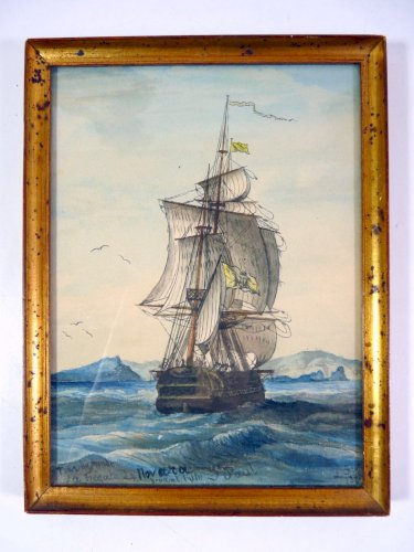 Aquarelle TOUR DU MONDE LA FREGATE LA NOVARA DEVANT L'ILE ST PAUL par SIRON 1873