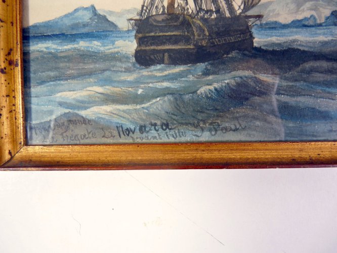 Aquarelle TOUR DU MONDE LA FREGATE LA NOVARA DEVANT L'ILE ST PAUL par SIRON 1873
