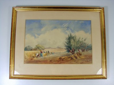 Watercolor 19th century THE GLEANERS not signed Golden Wooden Frame under Glass Marie-Louise