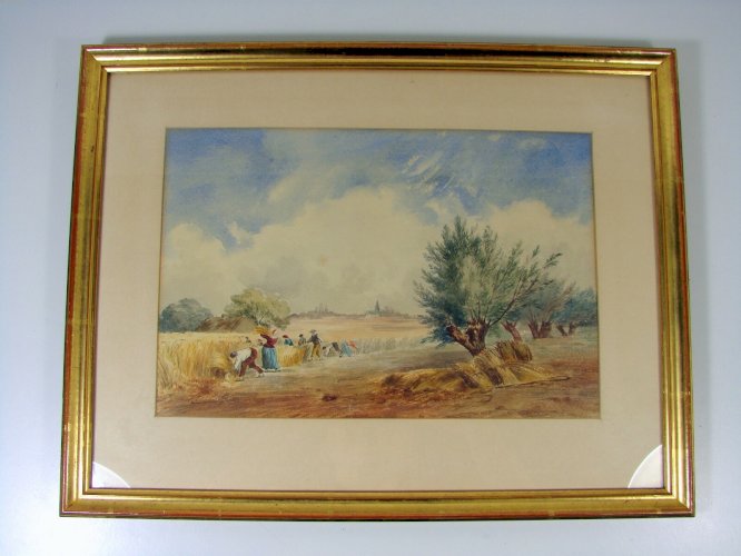 Aquarelle XIX° LES GLANEURS pas Signée Cadre Bois Doré sous Verre Marie-louise