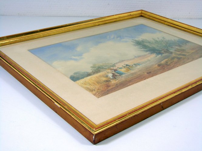Aquarelle XIX° LES GLANEURS pas Signée Cadre Bois Doré sous Verre Marie-louise