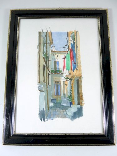 Aquarelle XX° MAISON d'ITALIE signée V. Esposito cadre bois sous verre