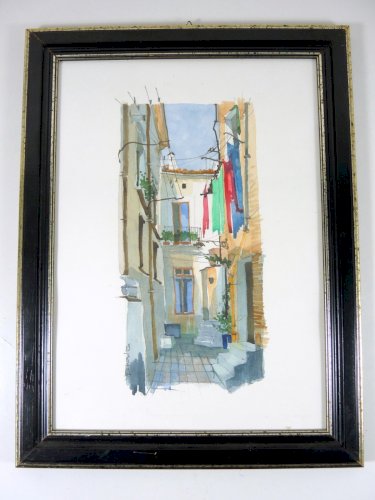Aquarelle XX° MAISON d'ITALIE signée V. Esposito cadre bois sous verre