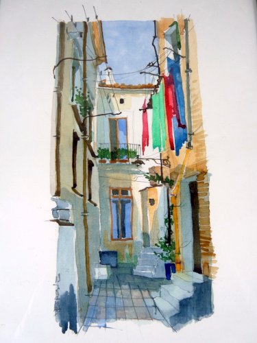 Aquarelle XX° MAISON d'ITALIE signée V. Esposito cadre bois sous verre