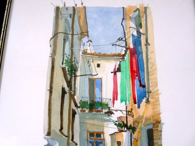Aquarelle XX° MAISON d'ITALIE signée V. Esposito cadre bois sous verre