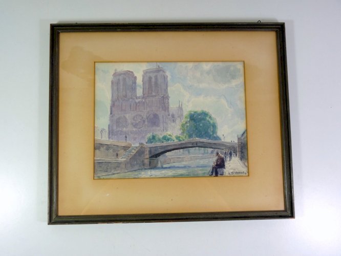 Aquarelle XX° VUE DE STRASBOURG signée Gustave Muller Valentin, cadre sous verre