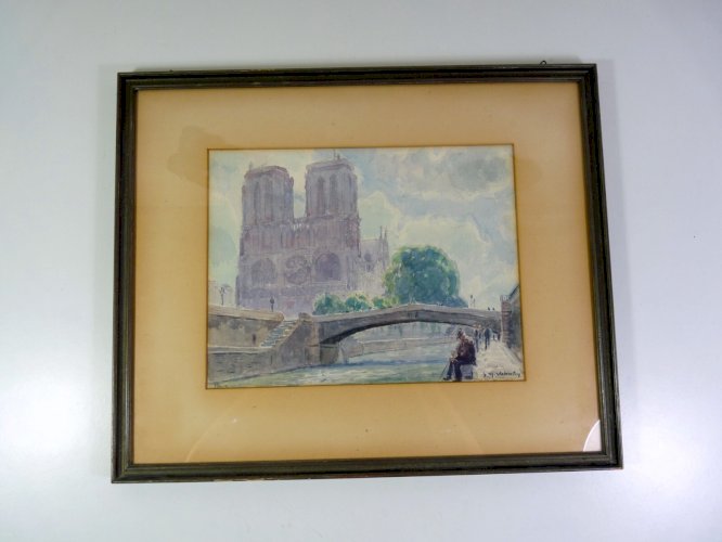 Aquarelle XX° VUE DE STRASBOURG signée Gustave Muller Valentin, cadre sous verre
