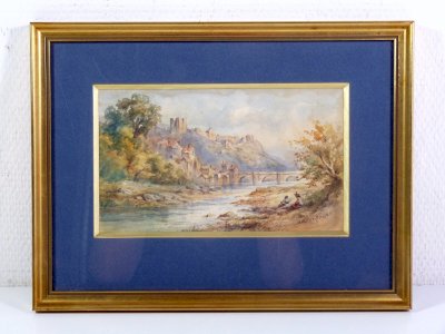 Aquarelle1 XIX° SCOTTISH SCHOOL "AU BORD DE LA RIVIERE" signée James W. Ferguson