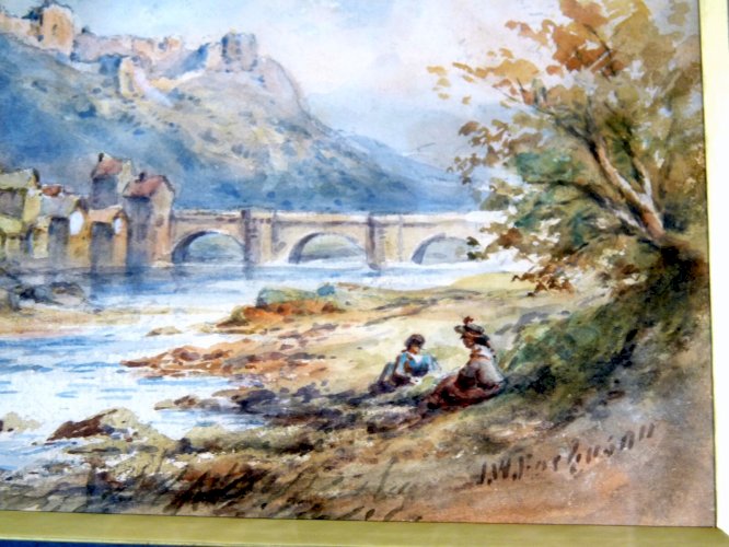 Aquarelle1 XIX° SCOTTISH SCHOOL "AU BORD DE LA RIVIERE" signée James W. Ferguson