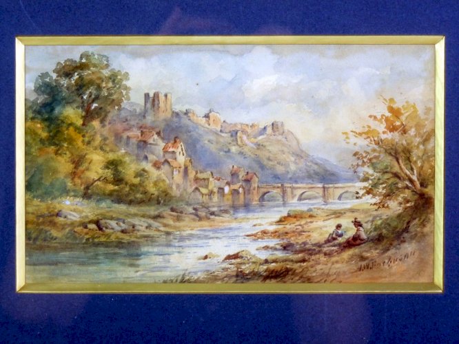 Aquarelle1 XIX° SCOTTISH SCHOOL "AU BORD DE LA RIVIERE" signée James W. Ferguson