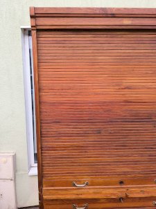 Secretary cabinet curtains wood storage vintage 1940s